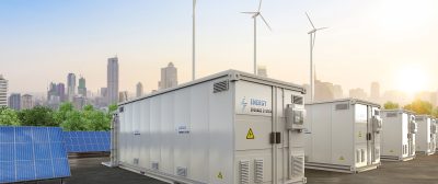 3d rendering amount of energy storage systems or battery container units with solar and turbine farm